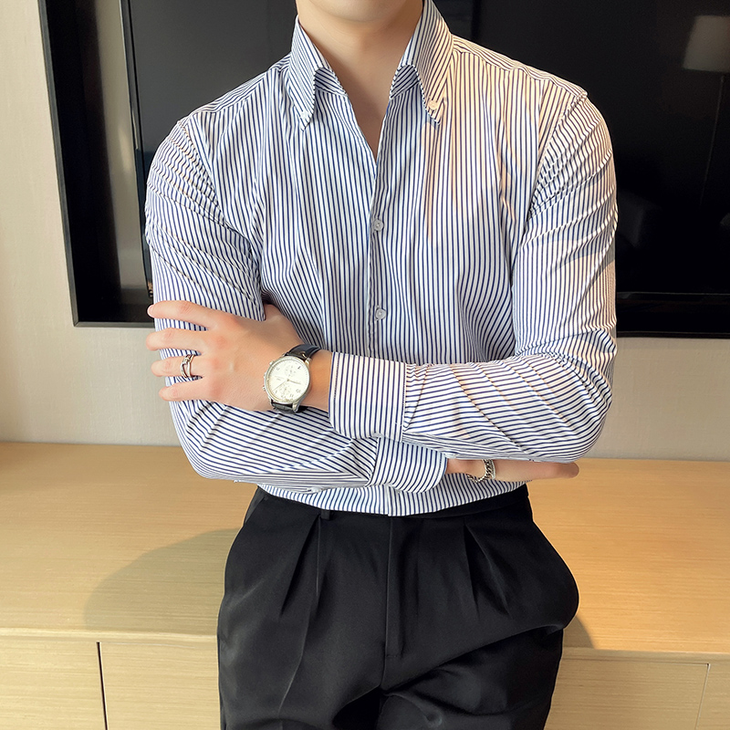 英伦新款长袖衬衫男条纹弹力寸衫韩版修身免烫V领商务痞帅白衬衣