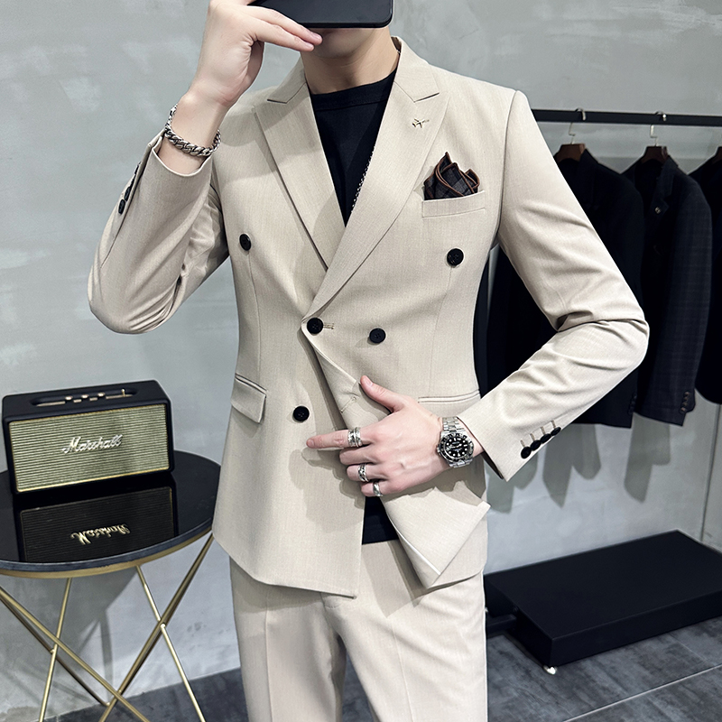 双排扣休闲西装三件套高级感帅气职业正装修身西服套装结婚礼服男