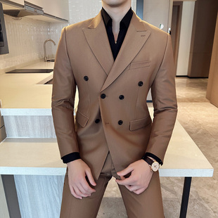 高級感韓版 英倫雅痞雙排扣男士 西裝 套裝 新郎結(jié)婚休閑商務(wù)西服 修身