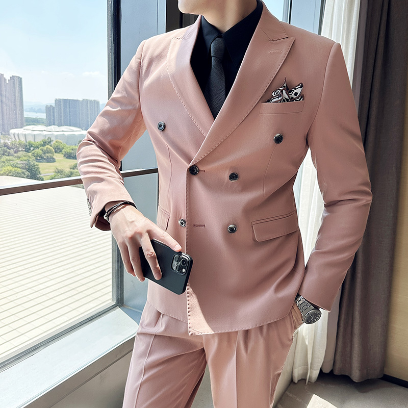 秋冬西装男套装高级感修身韩版帅气新郎结婚双排扣正装西服两件套