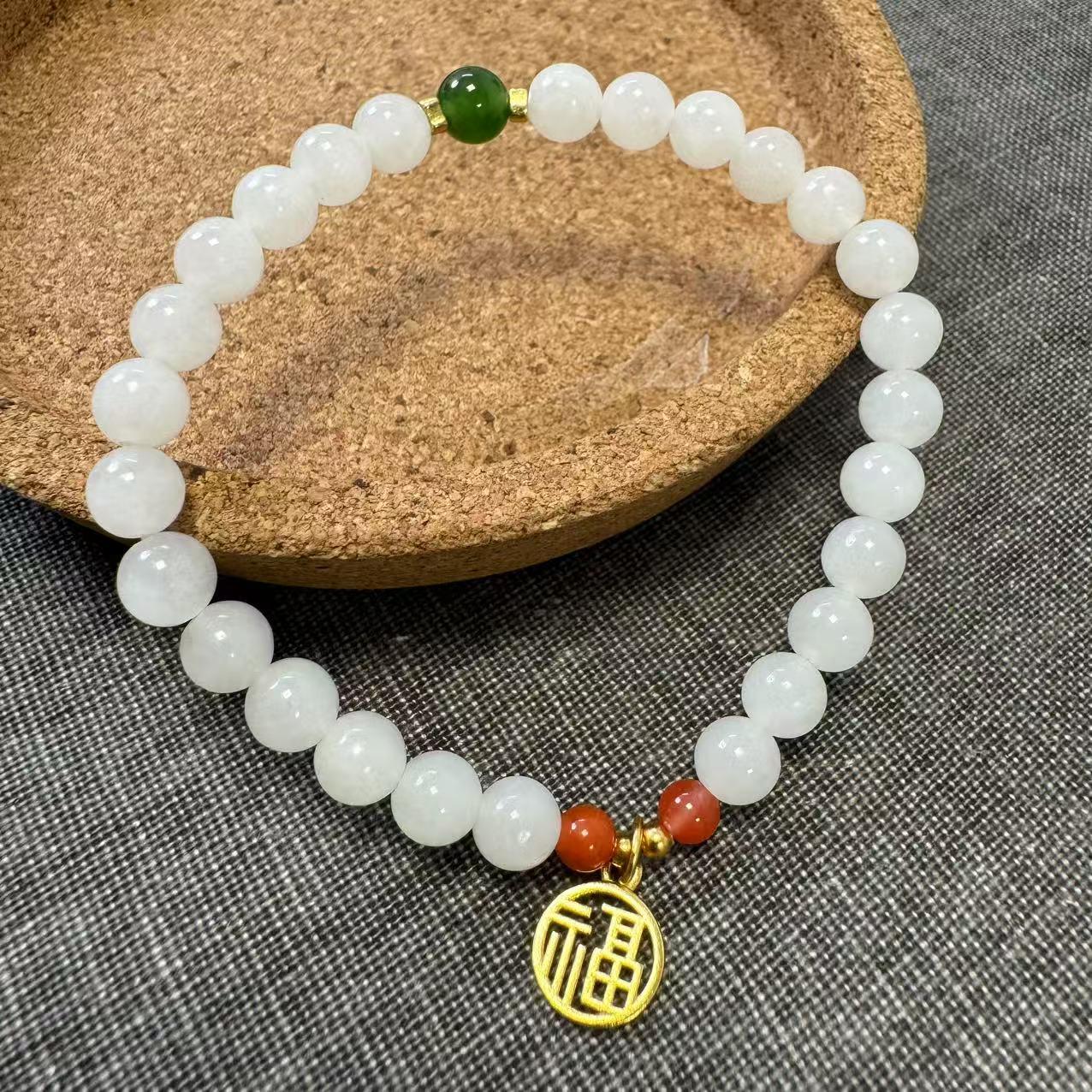 潘家园 和田玉白玉搭配碧玉南红单圈手串 约6mm pjy-ys-0017