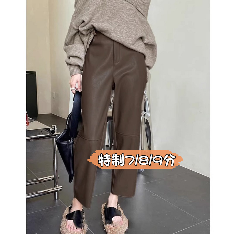 145小个子高级感穿搭黑色休闲裤女秋季七分显高八分直筒裤pu皮裤8
