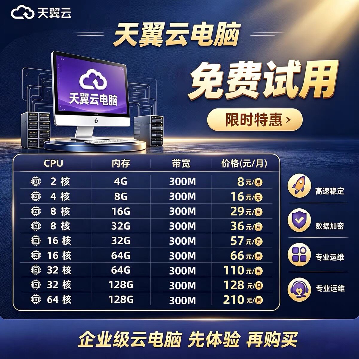 天翼云挂游戏云电脑直播远程办公挂电脑租赁远程云主机云服务器