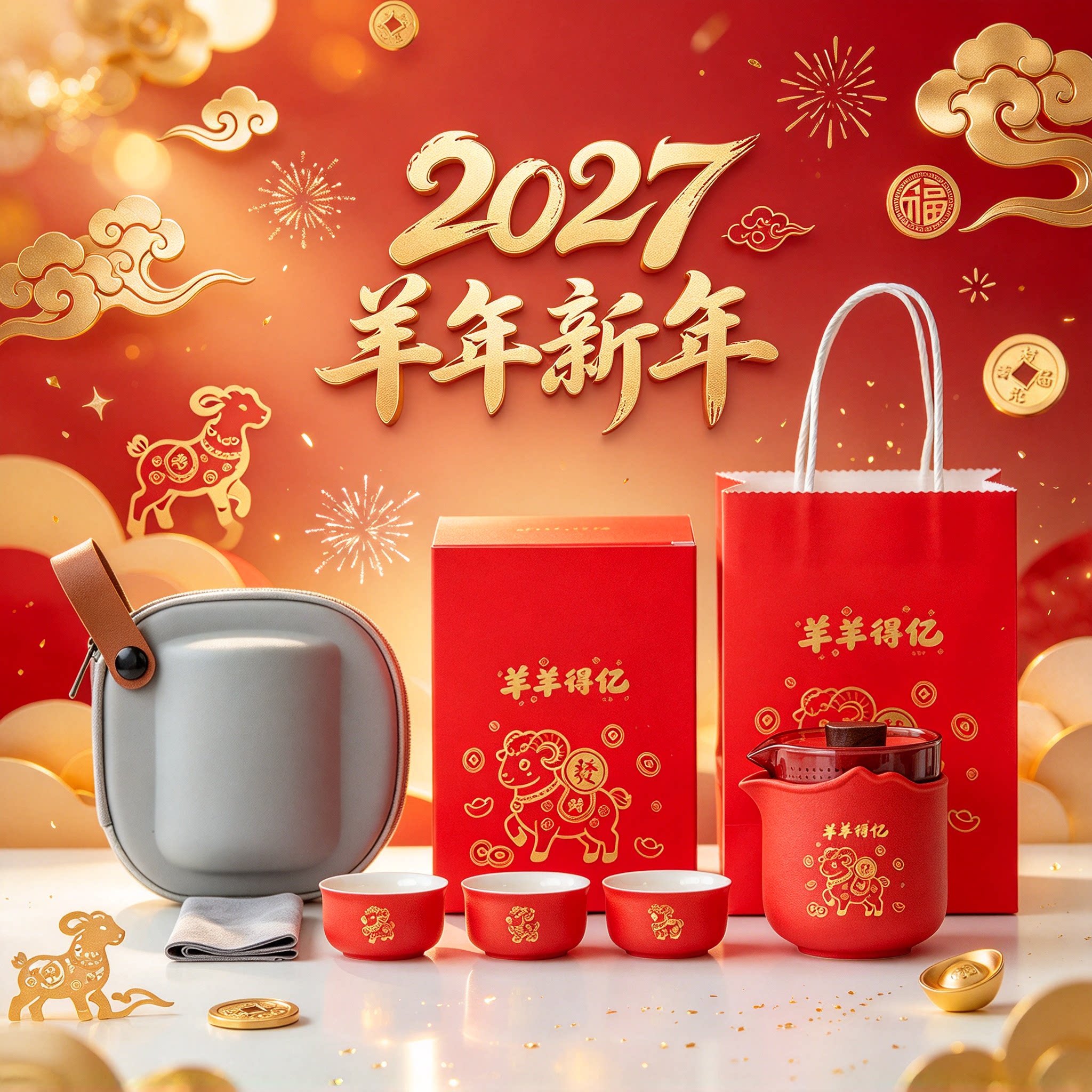 27红色便携式旅行茶具套装羊新年礼物装羊羊得亿茶杯茶壶伴手礼