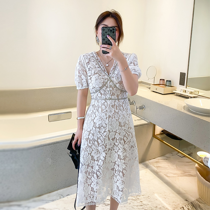 CICI白色蕾丝连衣裙女夏2020新款韩版收腰显瘦超仙气质女神裙子