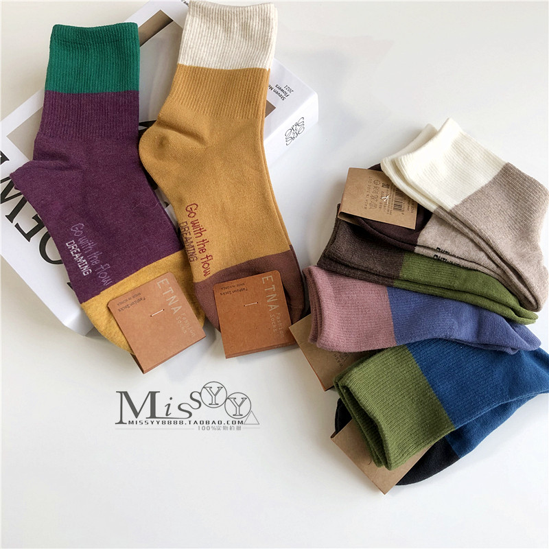 韩国进口etna复古拼色时尚女生中筒袜子字母百搭休闲潮束腰棉袜