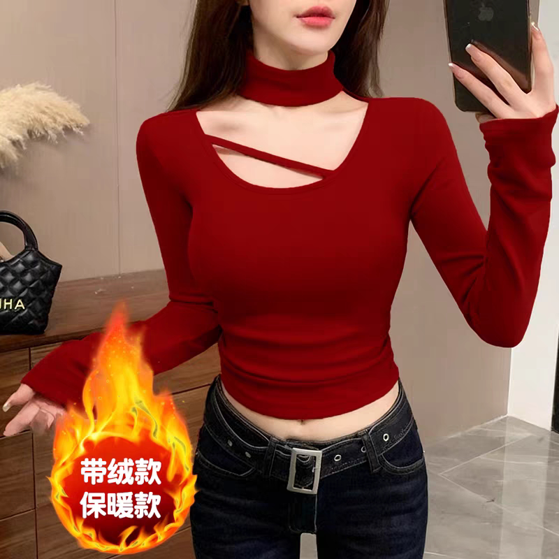 辣妹小众设计挂脖长袖上衣女短款修身显瘦百搭T恤加绒保暖打底衫
