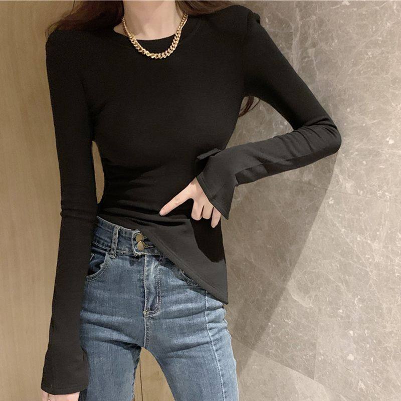 简约圆领正肩长袖t恤女喇叭袖修身不规则斜下摆短款显瘦打底衫潮,女装/女士精品,T恤,淘宝优惠券,粉丝福利购,淘宝优惠卷