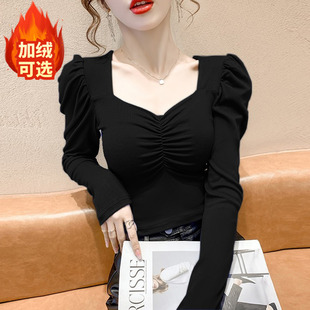 方领泡泡袖上衣女法式别致辣妹短款性感T恤黑色打底衫长袖内搭秋