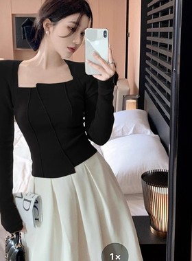 方领内搭打底衫女春秋辣妹小众鱼骨长袖t恤红色纯棉短款纯欲上衣