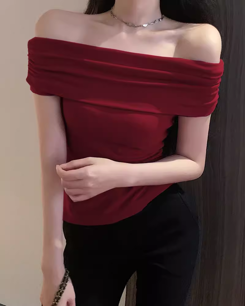 锁骨一字肩短袖t恤女辣妹别致性感紧身打底衫高级感绝美露肩上衣,女装/女士精品,T恤,淘宝优惠券,粉丝福利购,淘宝优惠卷