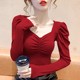 女士方领打底衫 上衣潮 性感显瘦t恤小众设计感辣妹泡泡袖 长袖 短款