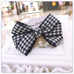 韩国发夹千鸟格蝴蝶结发饰顶夹淑女成人优雅头饰弹簧夹黑白一字夹