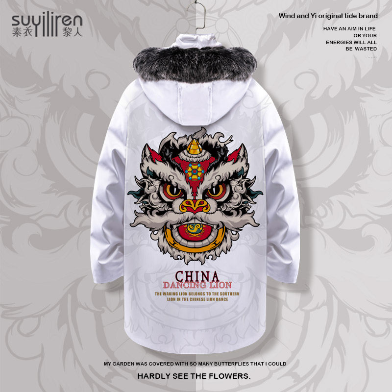 国潮醒狮印花羽绒服外套男连帽古风潮流面包服开衫宽松防寒大衣服