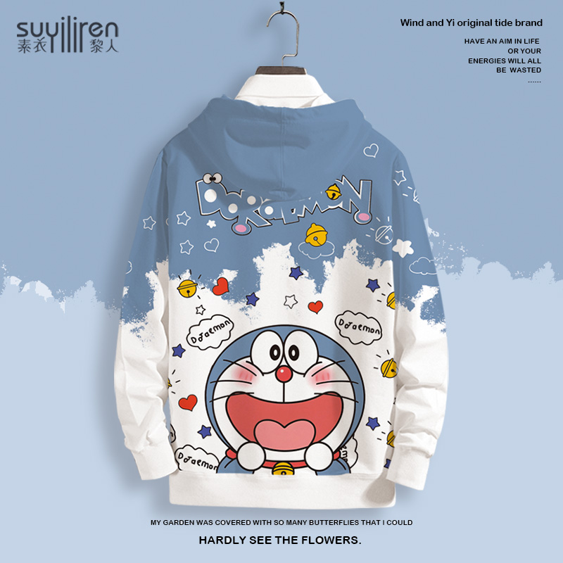 冬季连帽卫衣男生加绒加厚上衣哆啦A梦联名外套卡通印花加绒衣服