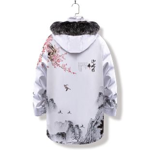 oversize羽绒服外套男中国风山水印花中长款棉服冬季新款加厚棉袄