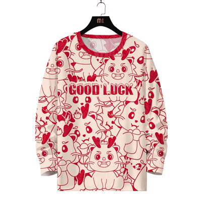 2024新款长袖T恤男龙年GOODLUCK好运红色本命年衣服oversize打底