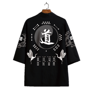 太极八卦印花道袍男大码薄款衬衫外套中国风夏季大码羽织防晒披风