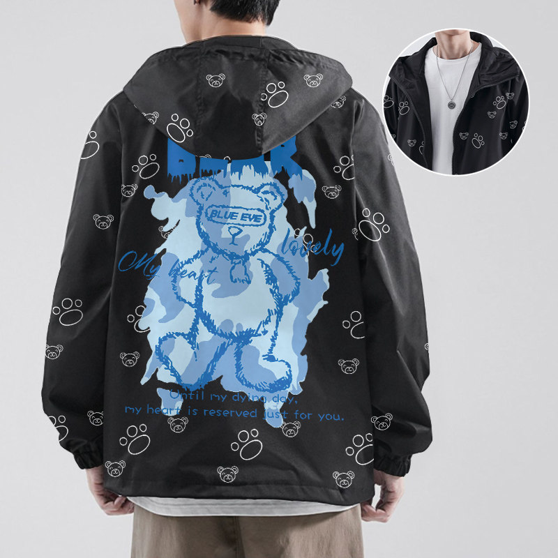 卡通涂鸦夹克男士秋季开衫连帽外套小熊印花大码加肥休闲潮流男装