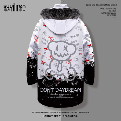 中长款羽绒服外套男生设计感小众小熊印花加厚保暖面包服新款棉服