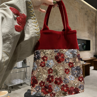 2025新款小众质感亮片包包女丝绒手拎包精致时尚百搭复古绣手提包