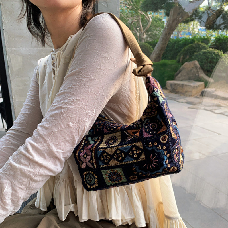 饭盒包复古刺绣亮片手提包女2026春季新款新中式百搭腋下包单肩包
