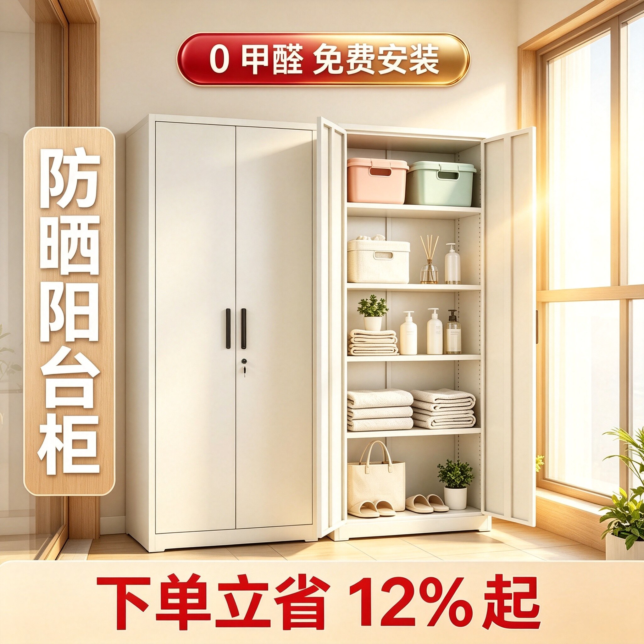 阳台专用钢制储物柜防水防晒靠墙一体大容量杂物落地收纳柜