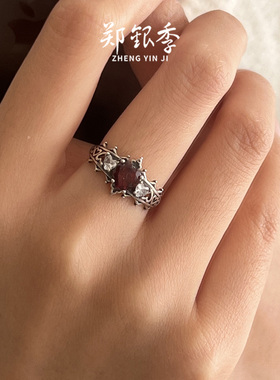 郑银季S925银石榴石女戒指歌特复古风夸张指环开口可调节
