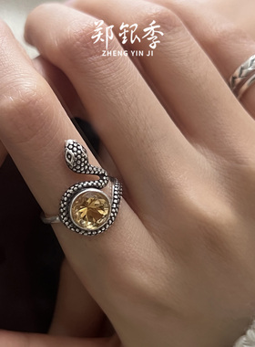 郑银季S925银黄水晶尼泊尔风格戒指蛇形女士指环开口可调节