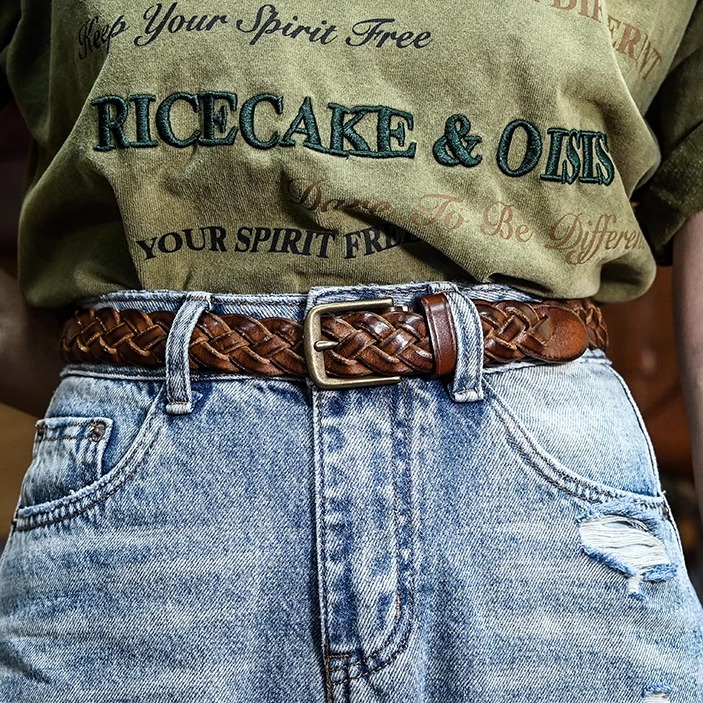 腰带牛皮女手工编织黄铜复古皮带