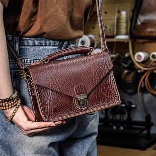 手工复古牛皮真皮女包时尚 单肩斜挎小方包文艺知性女包包头层牛皮