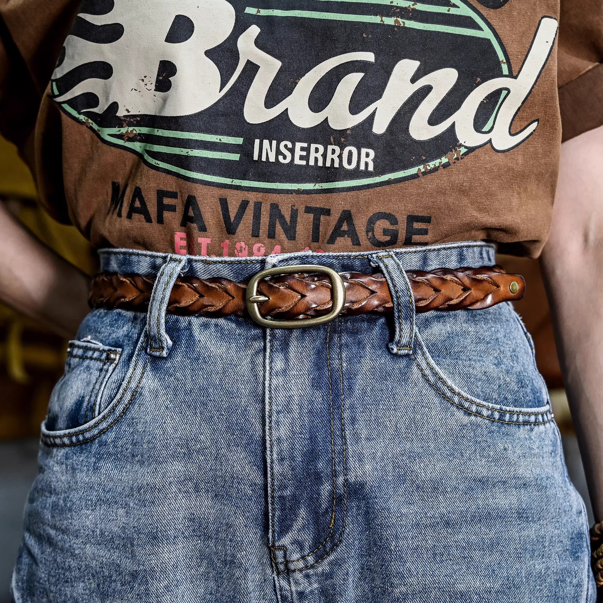 腰带头层牛皮女士编织新款铜复古