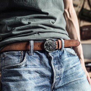 真皮黄铜扣皮带立体造型纯铜扣头头层牛皮皮带男士 复古潮流牛皮带