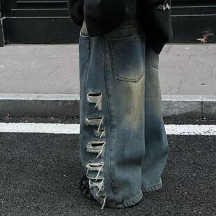 男童痞帅炸街阔腿牛仔裤秋冬季新款洋气儿童加绒做旧破洞直筒裤子