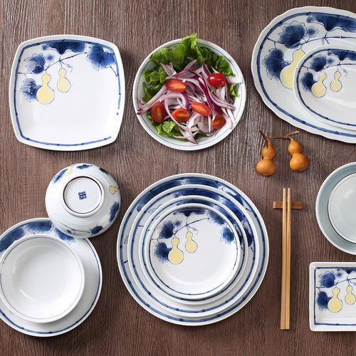 葫芦福禄日式家用碗盘陶瓷餐具 青釉饭碗汤碗四方盘鱼盘碟汤勺套