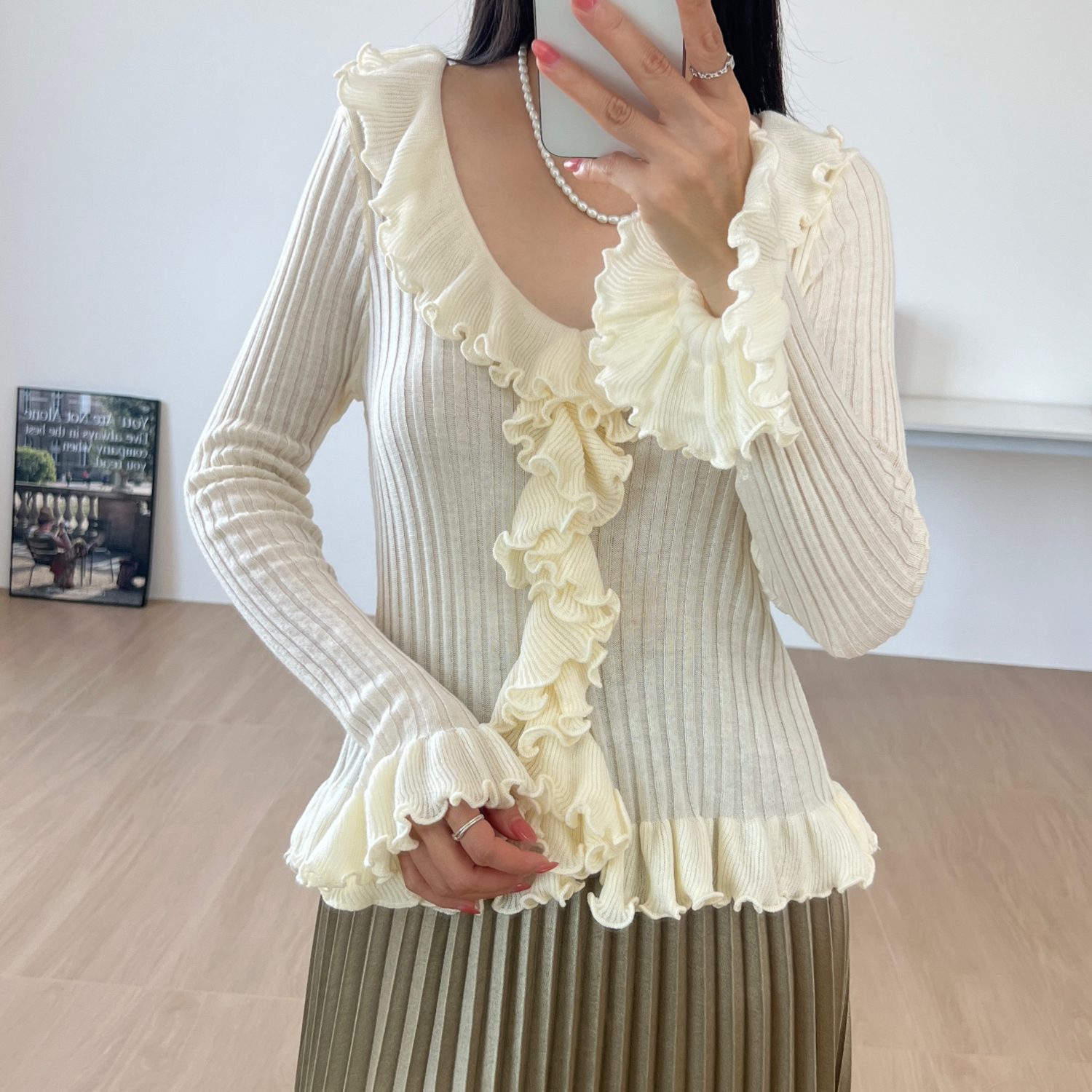 实拍秋季浪漫木耳边喇叭袖针织衫女小个子修身荷叶边长袖针织开衫