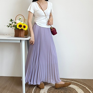 实拍韩版 风琴雪纺百褶裙 波浪木耳边压褶紫色雪纺半身裙2026新款
