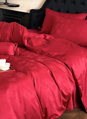 高级感全棉贡缎提花结婚四件套红色婚庆被套床单婚房乔迁备婚床品