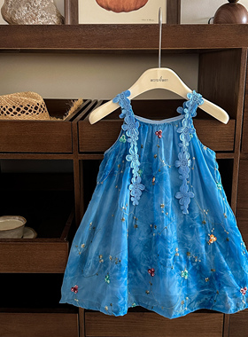 女童连衣裙夏季显白蓝色立体花朵刺绣背心裙宝宝韩版甜美公主裙子