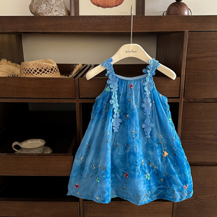 女童连衣裙夏季显白蓝色立体花朵刺绣背心裙宝宝韩版甜美公主裙子