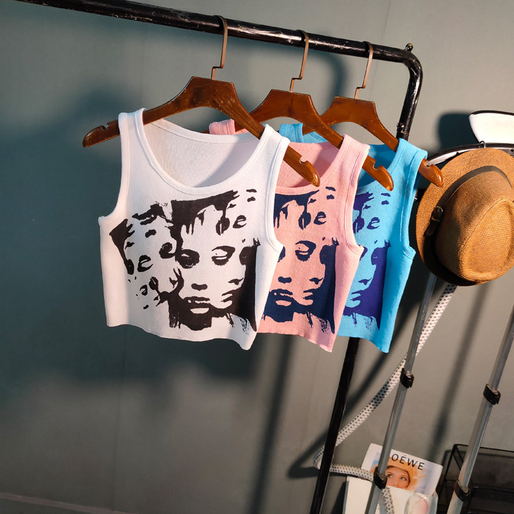 复古美式头像印花针织吊带背心女2024夏季辣妹原宿无袖t恤潮跨境