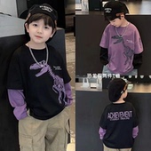 童装 男童T恤2026新款 假两件恐龙印花长袖 春秋季 打底衫 儿童上衣潮