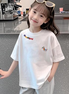 儿童白色纯棉设计感短袖t恤女童2026夏季新款宽松印花宽松上衣潮