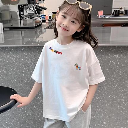 儿童白色纯棉设计感短袖t恤女童2026夏季新款宽松印花宽松上衣潮