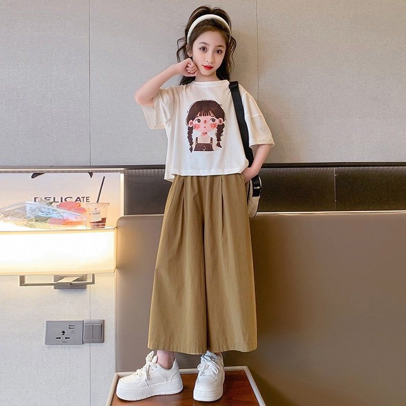 女童夏季阔腿裤套装夏装2025新款洋气中大童女孩学生九分裤两件套