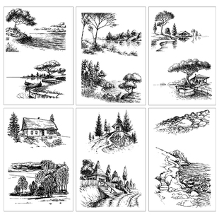 手账 素描山水风景系列透明印章图章橡皮硅胶DIY相册贺卡制作