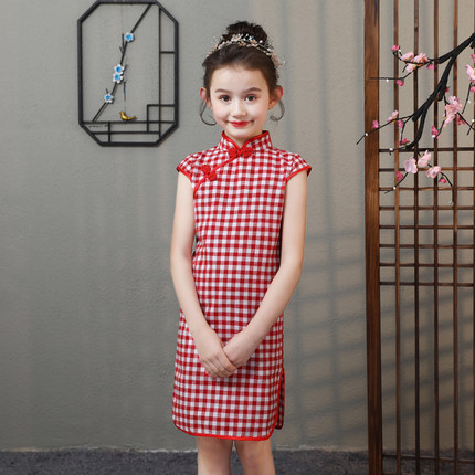 红色女童旗袍2026夏新款儿童中国风格子改良旗袍裙文艺复古连衣裙