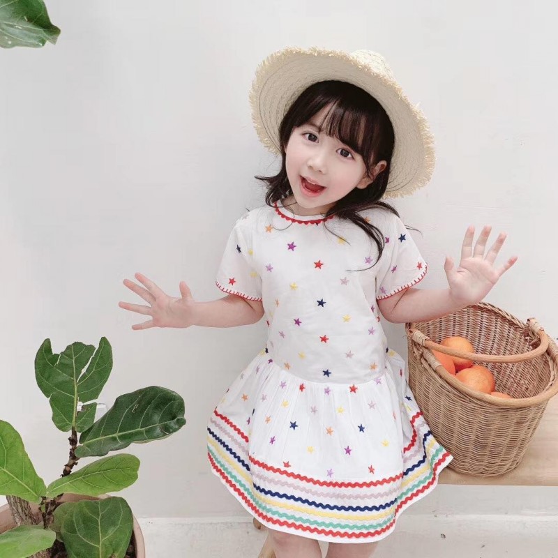 【恕恕】夏新品 女童纯棉柔软彩色星星刺绣彩虹边北欧风连衣裙