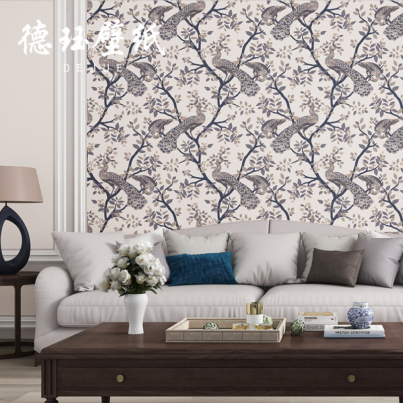 中式田园花鸟孔雀墙纸复古美式乡村卧室客厅背景橘红色壁纸非自粘