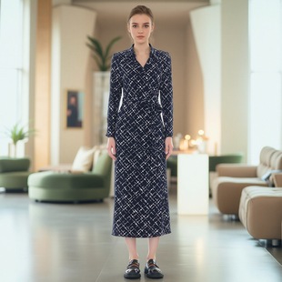 2024秋冬淑女气质长袖 连衣裙收腰高腰显瘦通勤 知性格纹印花衬衫